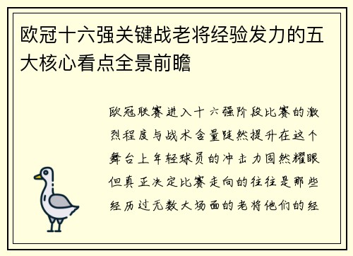 欧冠十六强关键战老将经验发力的五大核心看点全景前瞻